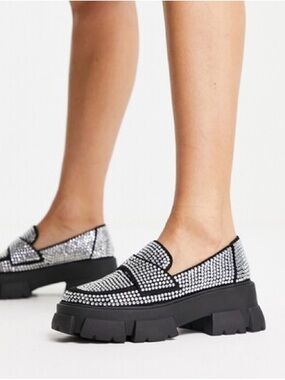 Steve Madden Silver Crystal Platform Chunky Loafers